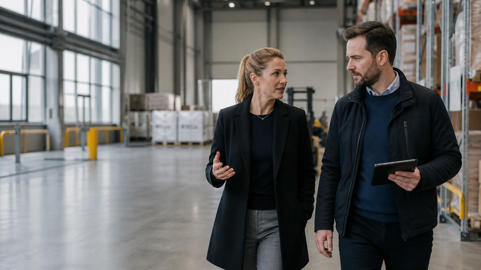Verksamhetschef och bemanningskonsult i dialog i en modern logistikanläggning